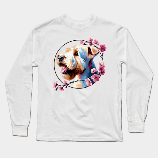 Soft Coated Wheaten Terrier Revels in Spring Cherry Blossoms Long Sleeve T-Shirt by ArtRUs